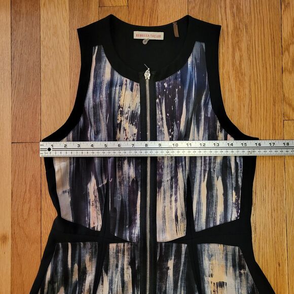 Rebecca Taylor Brushstroke Shift Dress, 100% Silk Panel, Blue Creme Black, Sz 4 - Picture 7 of 9